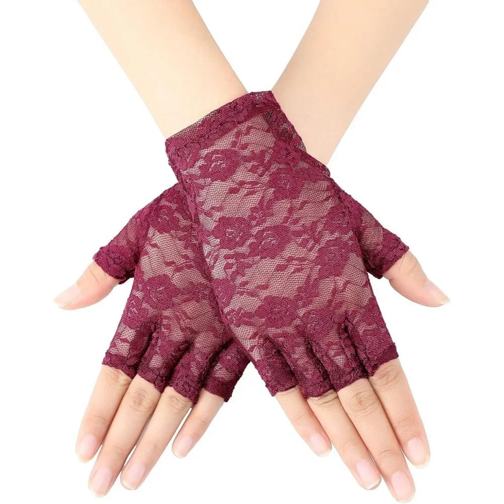 Women's Burgundy Floral Short Lace Gloves Sunblock Fingerless Bridal Opera Party